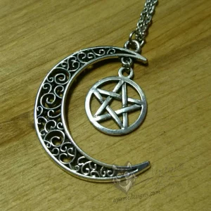 necklace with a filigree moon and handing bat pendant on a stainless steel chain