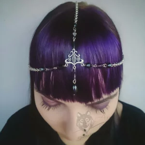 Handmade festival head chain with a filigree charm, black and purple Austrian crystal beads and stainless steel chain