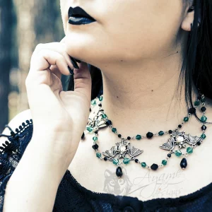 Handmade adjustable gothic choker necklace with green and black Austrian crystal beads and three large bat pendants