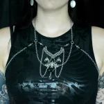 Handmade adjustable gothic festival body chain necklace with filigree and bat details and stainless steel chain