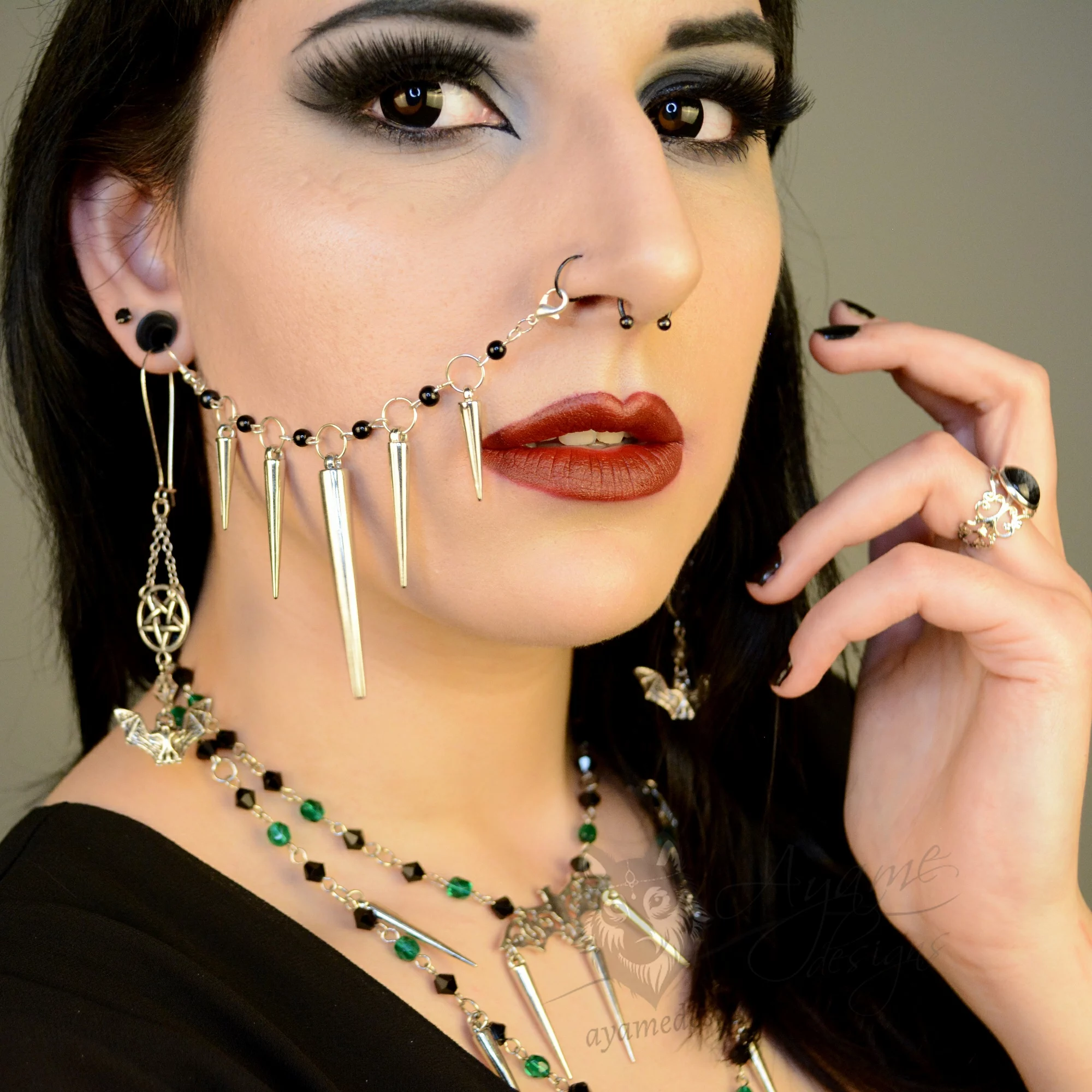 Handmade silver spiked and beaded nose to ear chain