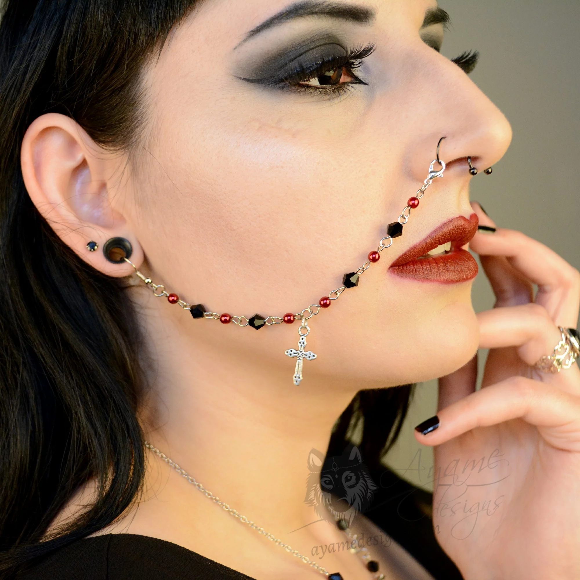 Handmade nose to ear chain with a cross charm, black Austrian crystal beads and red glass pearl beads
