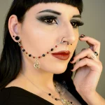 Handmade nose to ear chain with a pentacle charm, black Austrian crystal beads and red glass pearl beads