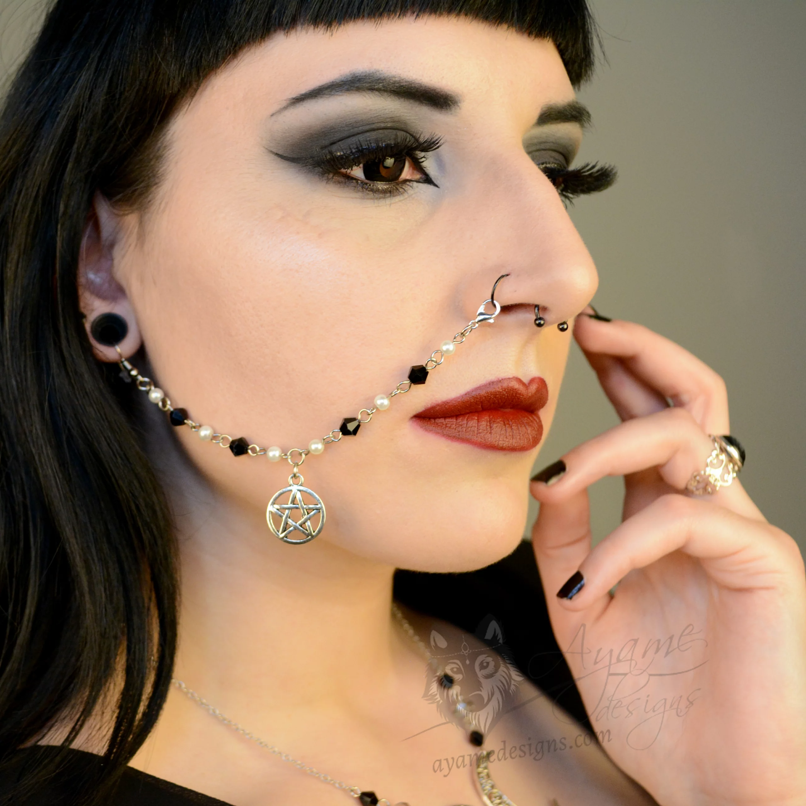 Handmade nose to ear chain with a pentacle charm, black Austrian crystal beads and white glass pearl beads