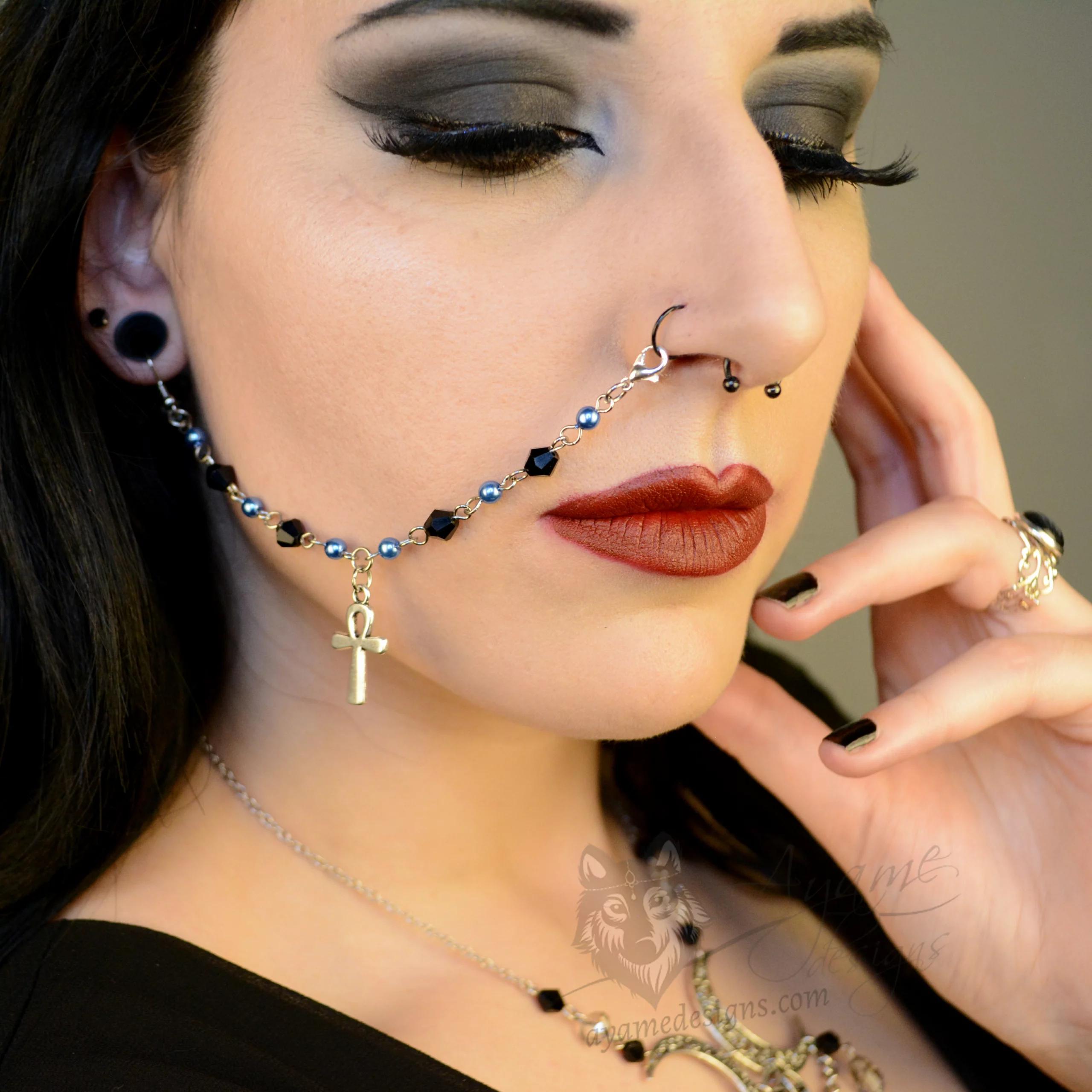 Handmade nose to ear chain with an ankh charm, black Austrian crystal beads and blue glass pearl beads
