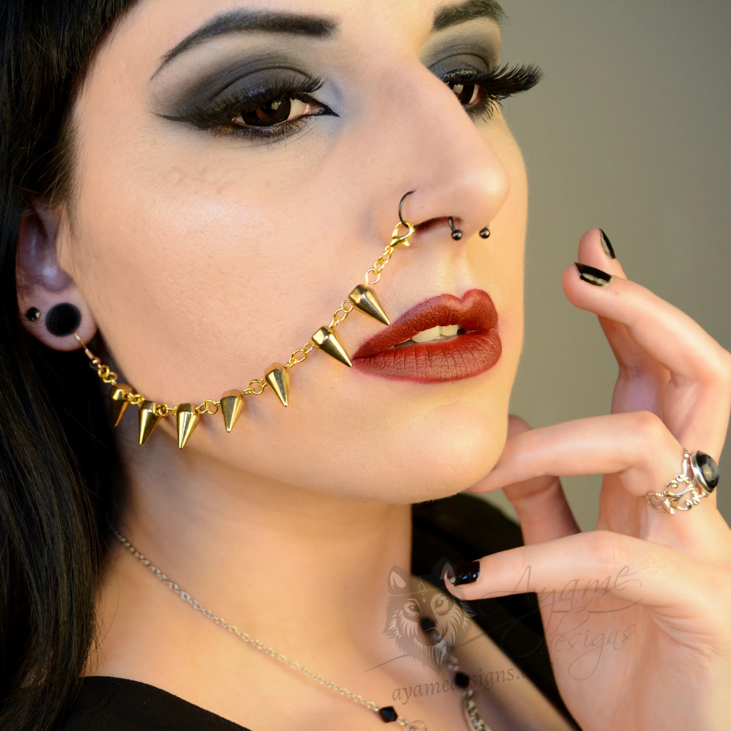 Handmade gold spiked nose to ear chain