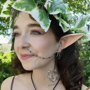 Handmade nose to ear chain with stainless steel and purple and grey Austrian crystal beads