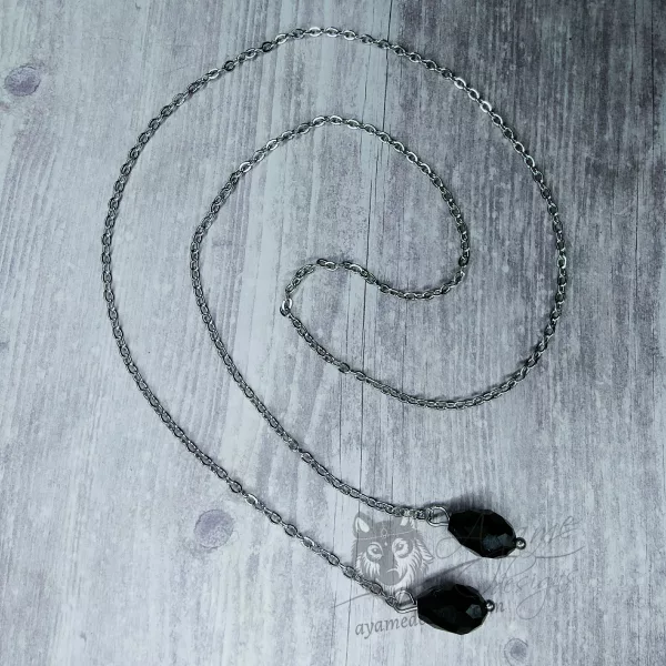 Handmade silver stainless steel fantasy face chain with black Austrian crystal teardrop beads