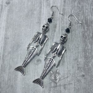 Handmade earrings with mermaid skeleton pendants and black Austrian crystal beads on stainless steel earring hooks