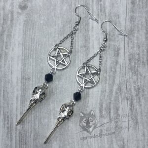 Handmade gothic earrings with bird skull and inverted pentacle charms and black Austrian crystal beads on stainless steel earring hooks