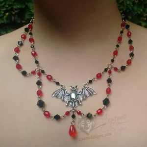 Handmade adjustable gothic choker necklace with red Czech crystal and black Austrian crystal beads and a large bat pendant