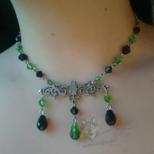 Handmade adjustable gothic choker necklace with green and black Austrian crystal beads and a filigree bat pendant