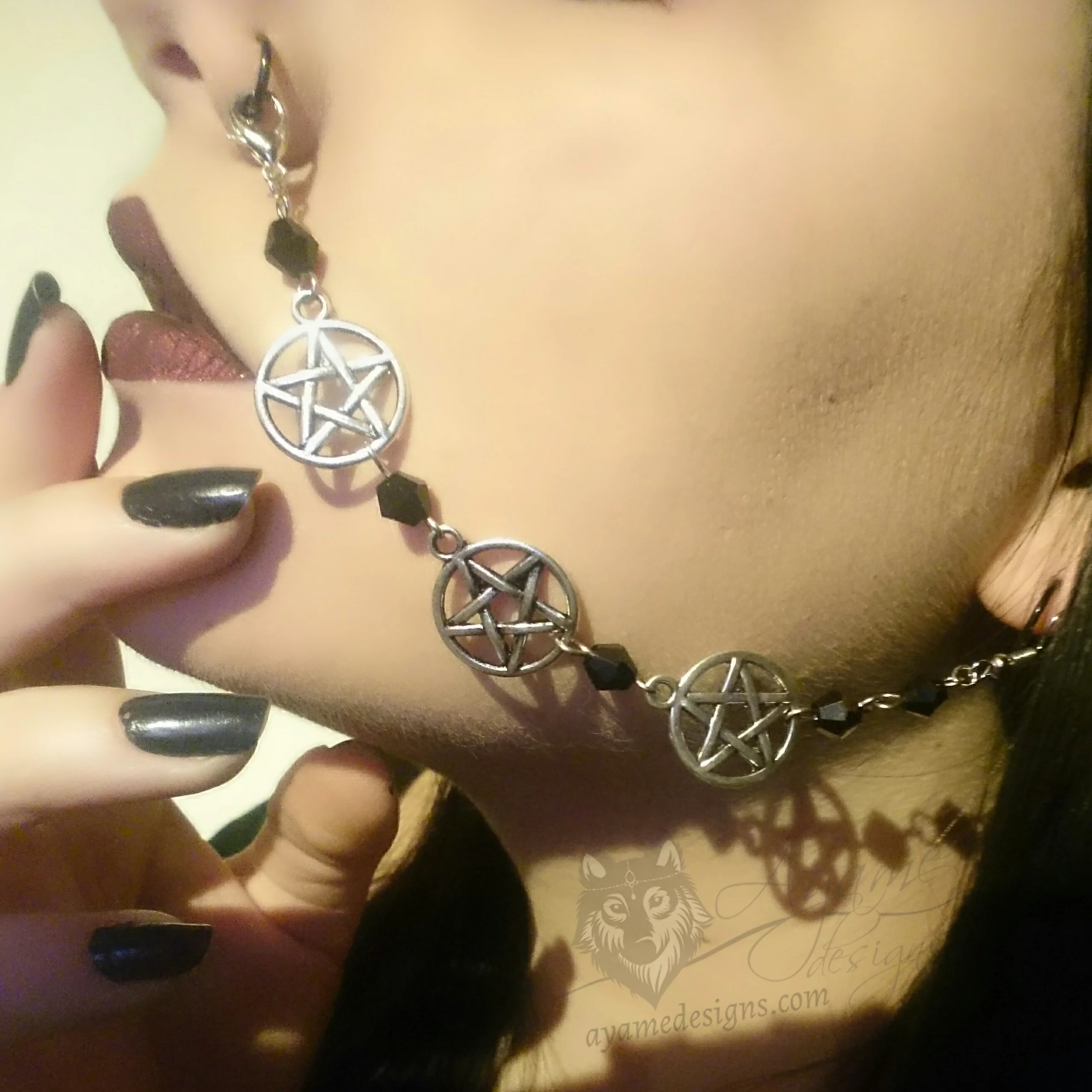 Handmade nose to ear chain with three pentacle charms and black Austrian crystal beads