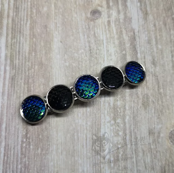 Hair barrette with blue and black resin mermaid scales