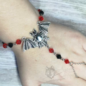 Handmade gothic bat hand bracelet with red and black Austrian crystal beads