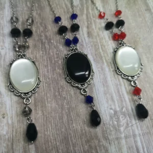 Handmade adjustable gothic necklace with a resin cabochon in a filigree frame, Austrian crystal beads and stainless steel chain