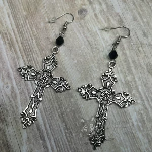 Handmade gothic Byzantine cross earrings with black Austrian crystal beads on stainless steel earring hooks
