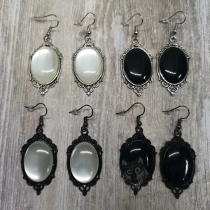 Elegant gothic earrings with resin cabochons in filigree frames, on stainless steel earring hooks