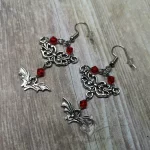 Handmade gothic bat and filigree earrings with red Austrian crystal beads and stainless steel earring hooks