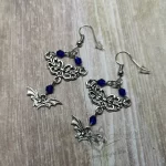 Handmade gothic bat and filigree earrings with blue Austrian crystal beads and stainless steel earring hooks