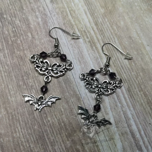 Handmade gothic bat and filigree earrings with purple Austrian crystal beads and stainless steel earring hooks