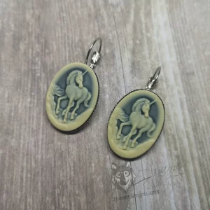 Stainless steel leverback earrings with unicorn cameos