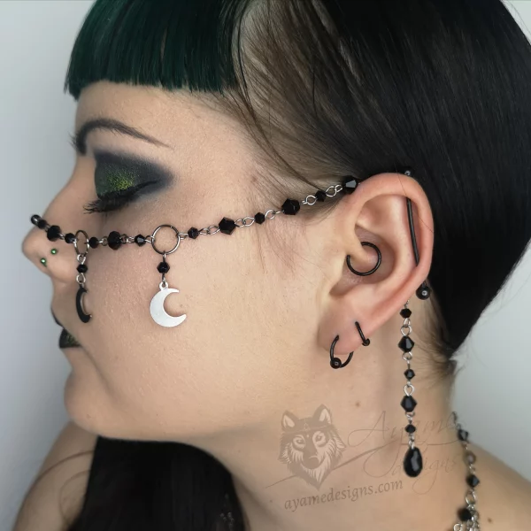 Handmade stainless steel fantasy face chain with black Austrian crystal beads and stainless steel moon charms