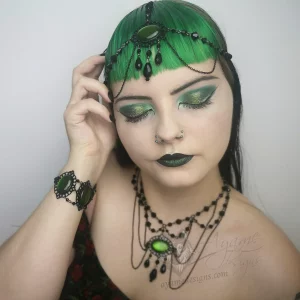 Handmade gothic jewellery set with green resin cabochons in filigree frames, black Austrian crystal beads and chain details