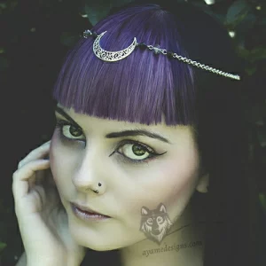 Handmade fantasy head chain with a filigree moon, black and grey Austrian crystal beads and stainless steel chain