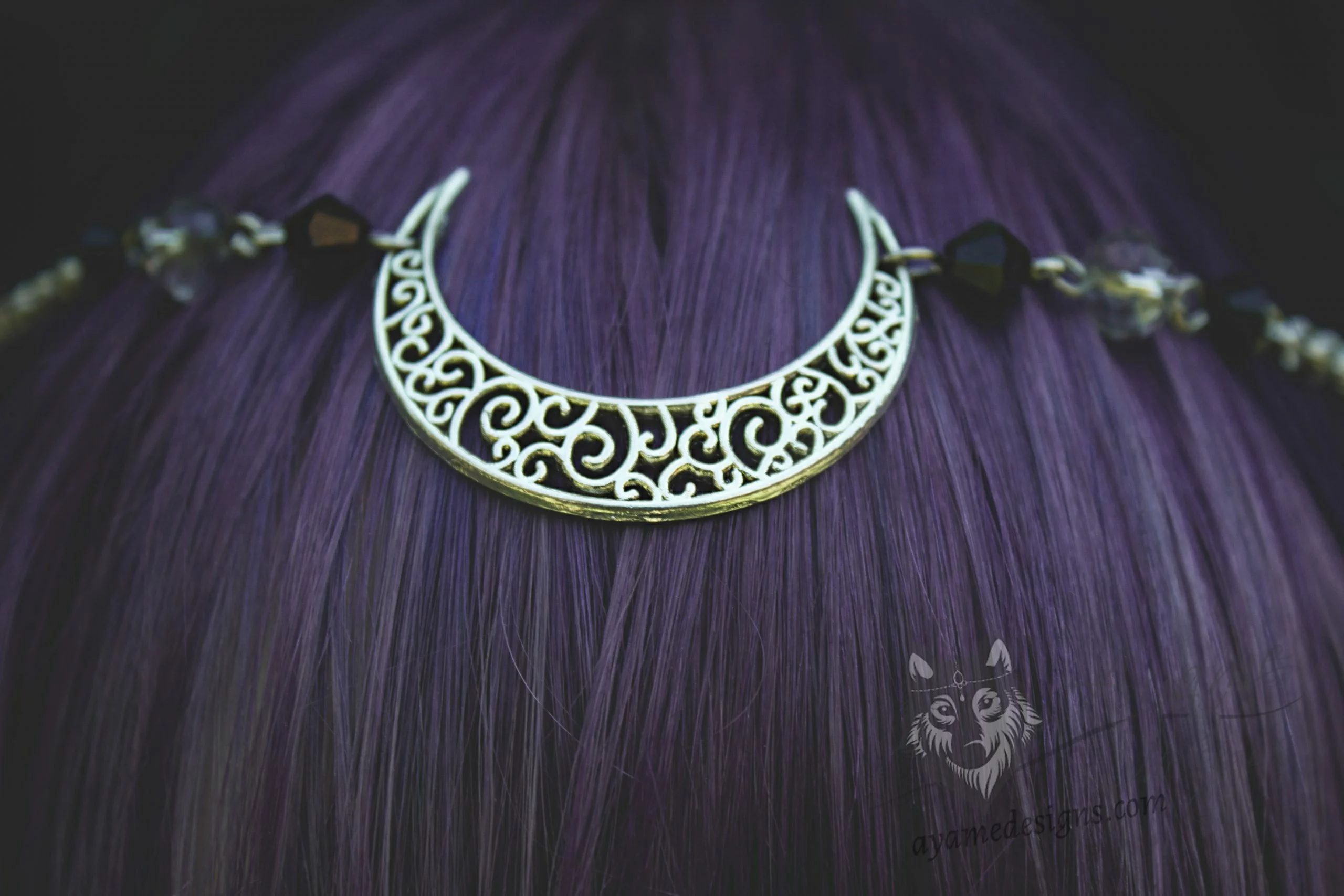 Handmade fantasy head chain with a filigree moon, black and grey Austrian crystal beads and stainless steel chain