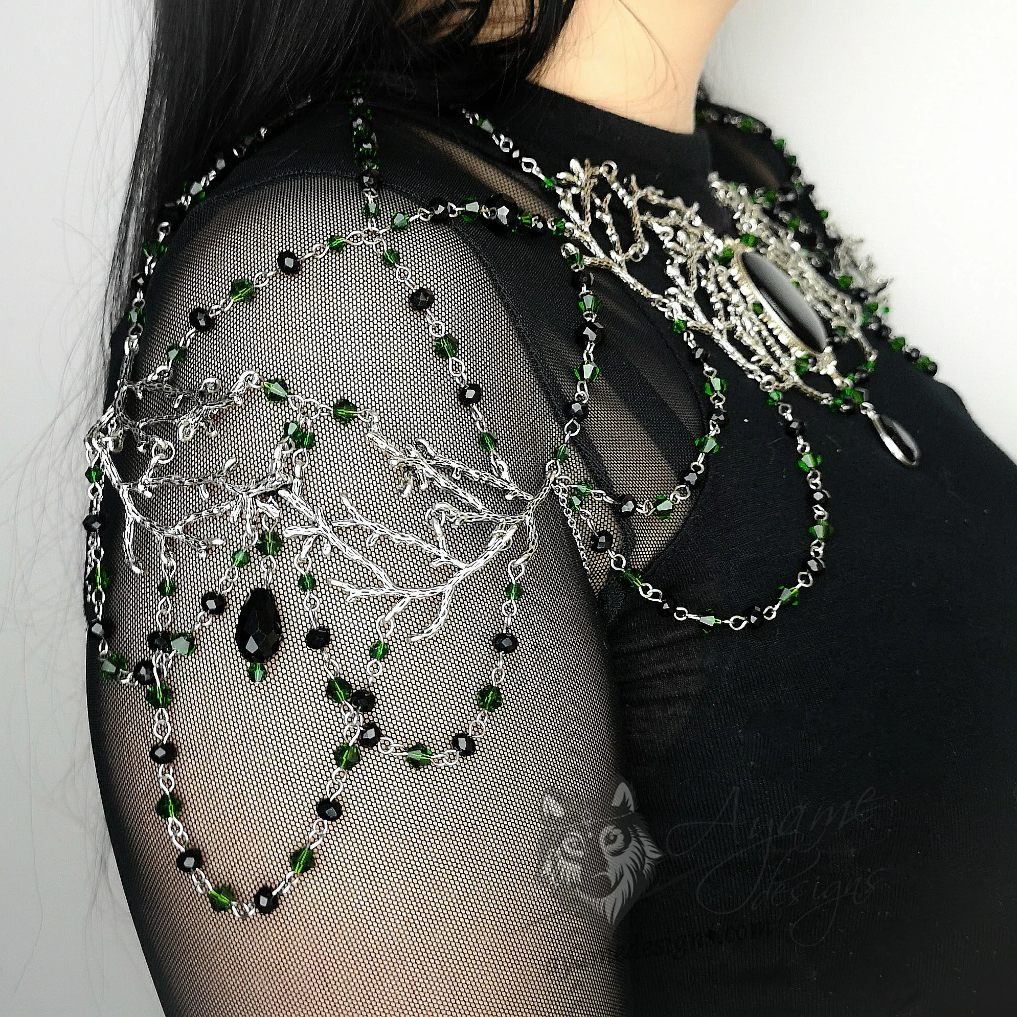 Handmade adjustable gothic bridal shoulder chain necklace with Austrian crystal beads and a resin cabochon in a filigree frame, and branch details