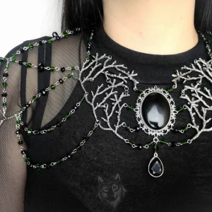 Handmade adjustable gothic bridal shoulder chain necklace with Austrian crystal beads and a resin cabochon in a filigree frame, and branch details