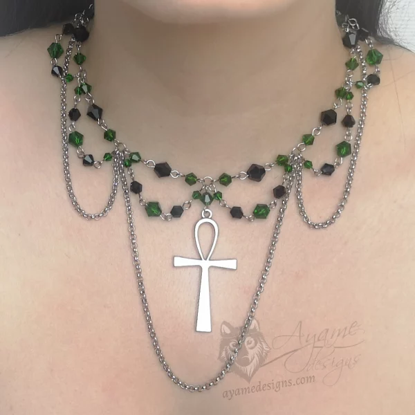 Handmade adjustable choker necklace with a large ankh pendant, black and green Austrian crystal beads and stainless steel chain details