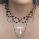 Handmade adjustable choker necklace with a large ankh pendant, black and red Austrian crystal beads and stainless steel chain details