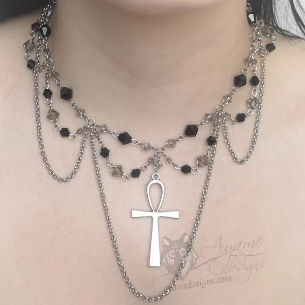Handmade adjustable choker necklace with a large ankh pendant, black and grey Austrian crystal beads and stainless steel chain details