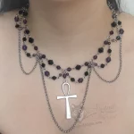 Handmade adjustable choker necklace with a large ankh pendant, black and purple Austrian crystal beads and stainless steel chain details
