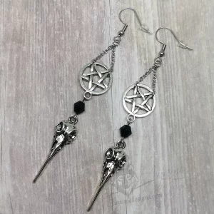 Handmade gothic earrings with bird skull and inverted pentacle charms and black Austrian crystal beads on stainless steel earring hooks