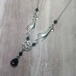 Adjustable necklace with hand pendants, a pentacle connector and a purple teardrop charm