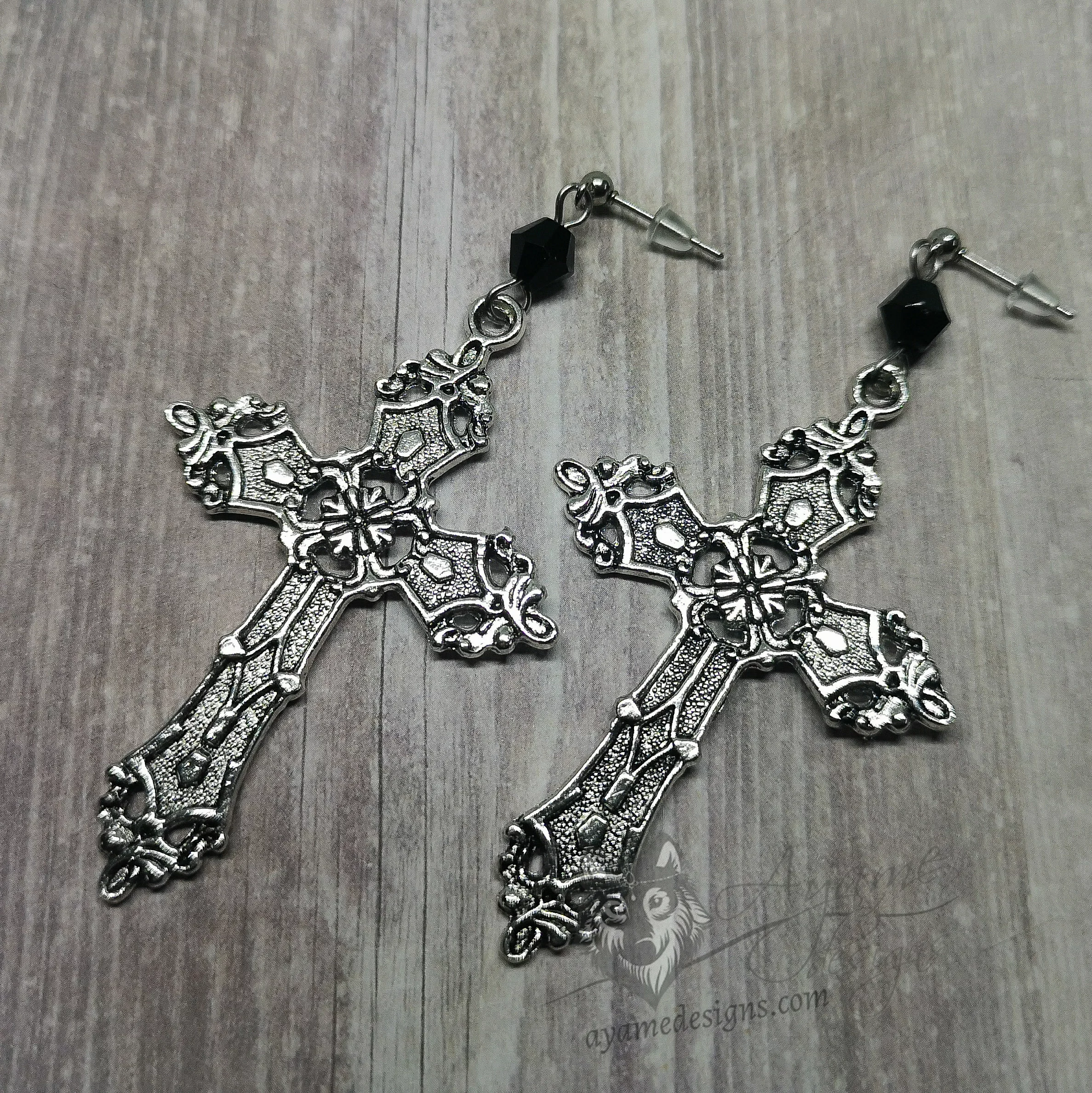 Handmade gothic Byzantine cross earrings with black Austrian crystal beads on stainless steel stud earrings