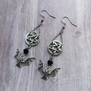 Handmade gothic earrings with bat and inverted pentacle charms and black Austrian crystal beads on stainless steel earring hooks