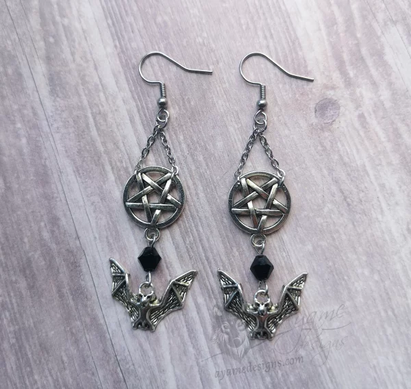 Handmade gothic earrings with bat and inverted pentacle charms and black Austrian crystal beads on stainless steel earring hooks