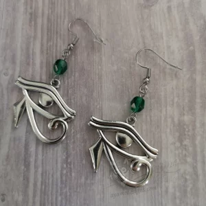 Egyptian Eye Of Horus earrings with green Czech crystal beads on stainless steel earring hooks