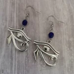 Egyptian Eye Of Horus earrings with blue Czech crystal beads on stainless steel earring hooks