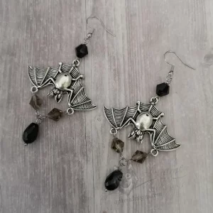 Handmade gothic bat earrings with black and grey Austrian crystal beads on stainless steel earring hooks