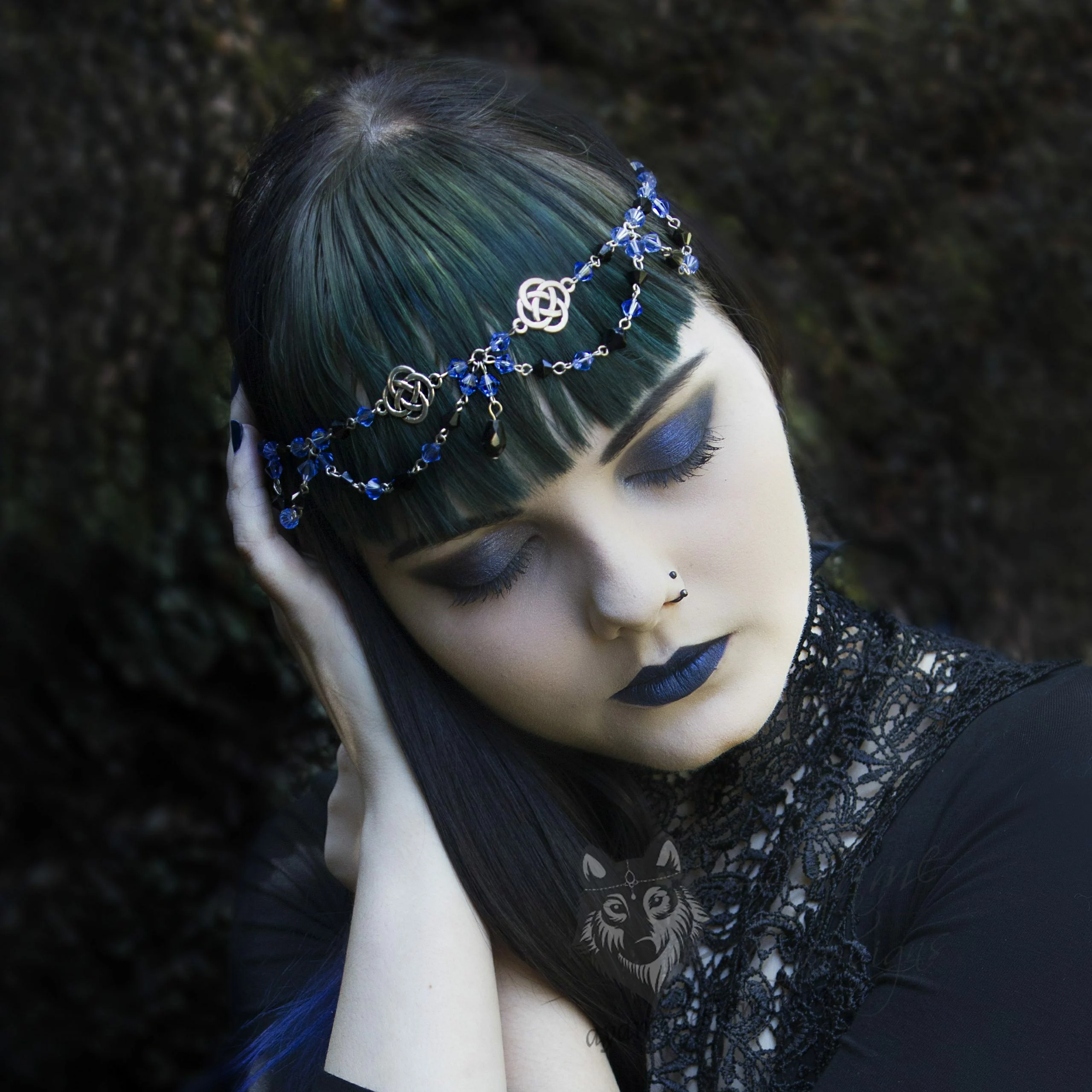 Handmade Celtic fantasy head chain with a celtic knot charms and blue and black Austrian crystal beads