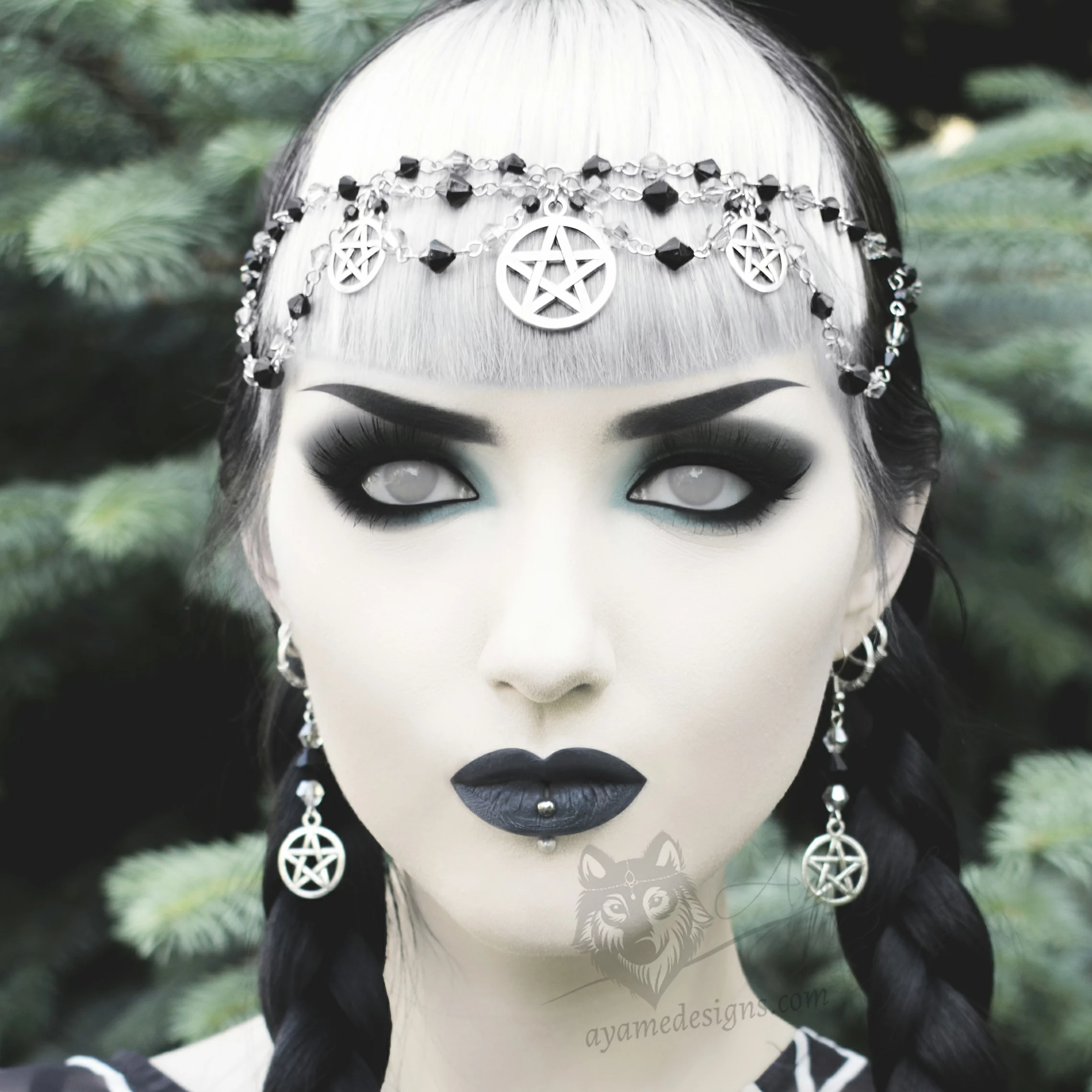 Handmade gothic head chain with pentacles and black and grey Austrian crystal beads