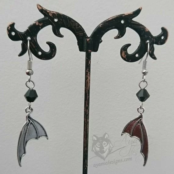 Handmade gothic earrings with small bat wings and black Austrian crystal beads on stainless steel earring hooks
