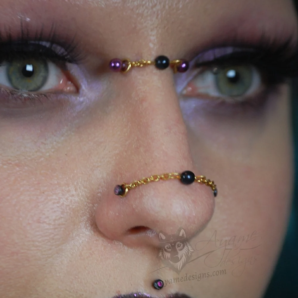 Handmade to measure gold stainless steel chain with glass pearl bead for bridge and double nostril piercing