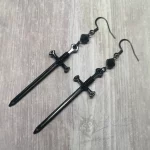 Handmade fantasy earrings with black sword pendants, black Austrian crystal beads and stainless steel earring hooks