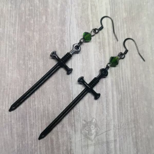 Handmade fantasy earrings with black sword pendants, green Austrian crystal beads and stainless steel earring hooks
